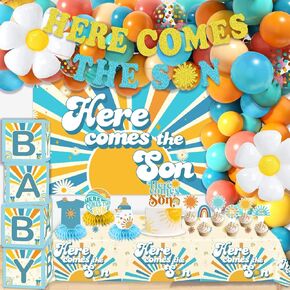 Cocomigo 122pcs Here Comes the Sun Baby Shower Decorations, Here Comes the Son Banner Backdrop Balloons Cake Topper Tablecloth Centerpiece for Here Comes the Son Baby Shower Decor
