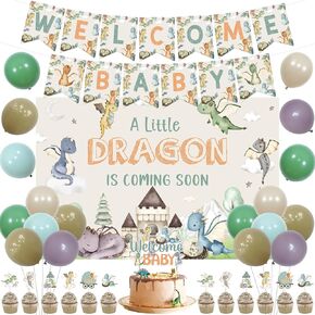 Dragon Baby Shower Decorations, Welcome Baby Shower Decorations Banner Cake Cupcake Toppers Balloons Backdrop for a Little Dragon Is On the Way Coming Soon Boy Girl Dragon Baby Shower