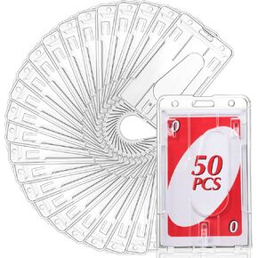 Gersoniel 50 Pieces Vertical 2 Card Heavy Duty Badge Holder Hard Plastic Clear Plastic Vertical Name Badge ID Card Holders Sleeve Protective Clear Badge Cover with Thumb Slot(50 Pieces)