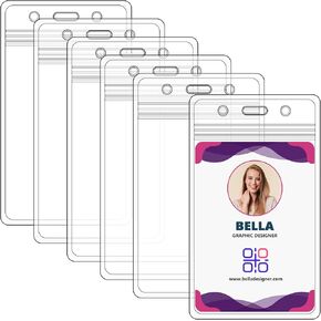 6 Pack Badge Holders - Plastic Card Holder for Lanyard, Vertical Clear ID Card Holder with Waterproof Resealable Zip, Clear Badge Sleeve for Nurses, Office and School - B001