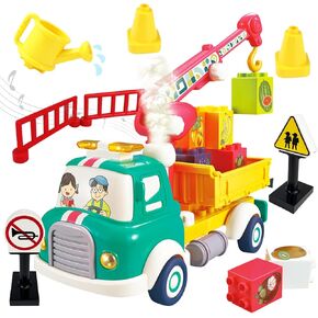 CORPER TOYS Building Blocks Fruit Transport Truck Toys with Road Sign Set for Kids with Sounds, Lights and Spray Effect Vehicle Building Toy Set Gift for Birthday Christmas