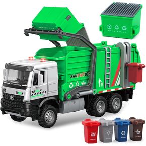 WishaLife Kids Garbage Truck Toys - Trash Truck Toy with Light & Sound, Friction Powered Pull Back Toy Truck, with 4 Toy Garbage Truck Cans, Best STEM Toys Gift for Toddlers Boys Girls Age 3+ Year Old