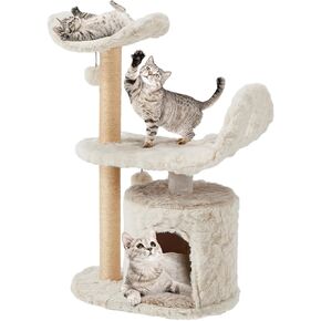 Cute Small Cat Tree, 31in White Plush Cat Tree, 3-Tier with Scratching Post with Soft Plush Sailboat-Shaped Perch and Cat Tower Lookout, Cat Tower for Indoor Cats