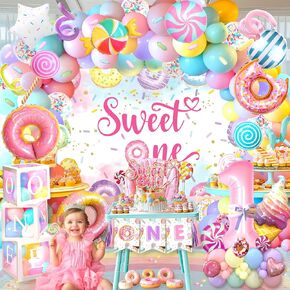 Sweet One Birthday Party Decorations, Backdrop, Donuts Ice Cream Candy Balloons, Balloon Boxes Highchair Banner Cake Topper for Sweet One Birthday Party Decorations