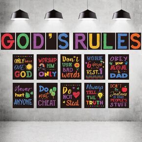 20 Pieces Ten Commandments Poster for Kids Christian Bible Verse Poster Inspirational Religious Scripture Wall Decor for Classroom Church Sunday School Christian Scripture Home Decor (Black Base)