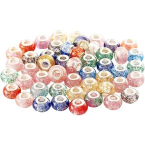 YouLuo Large Hole Beads Resin Imitation Glass European Beads Lampwork Spacer Charms Beads Assortments Silver Plated Cores for DIY Crafts Charms Bracelet Necklace Jewelry Making Shiny Colors 50pcs