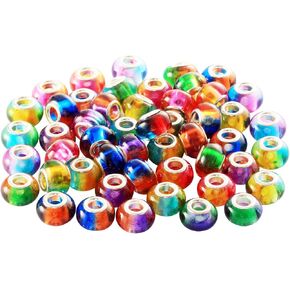 YouLuo Large Hole Beads Resin Imitation Glass European Beads Lampwork Spacer Charms Beads Assortments Silver Plated Cores for DIY Crafts Charms Bracelet Necklace Jewelry Making Rainbow Bicolor 50pcs