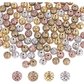 PH PandaHall 120pcs 8mm Tibetan Spacer Beads Corrugated Round Metal Beads 4 Colors Craft Loose Beads Retro Bracelet Beads for Necklace Bracelet Earring Jewelry Making, Hole: 1mm