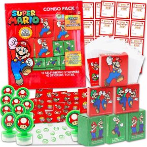 Super Mario Valentine's Day Classroom Gift Exchange Set - Bundle with 20 Boxes, Stickers, Stampers for Party Plus Treat Bags | Super Mario Goodie Bags