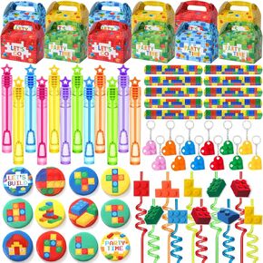 12 Kids Building Blocks Party Favors Birthday Supplies, Gift Box Straw Mini Bubble Wand Button Pin Slap Bracelet Keychain, Goody Bag Stuffer Filler Boys Girls Game Carnival Classroom Prize Decor