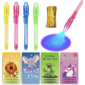 Valentines Day Gifts for Kids School - 28 Pack Invisible Ink Pen with Animal-Themed Valentines Cards for Kids Classroom, Kids Valentines Day Gifts for School Exchange Gifts ideas