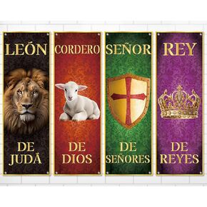 4Pcs Spanish Church Banners for Sanctuary Wall Worship Religious Hanging Backdrop Christian León De Judá Cordero De Dios Señor De Los Señores Porch Sign for Church Sunday School Praise Decor