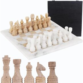 Travertine Marble Chess Set 12'' White and Travertine with Storage Box Handmade Board Game - 1 Chess Board & 34 Chess Pieces Including 2 Extra Queens