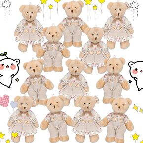 12 Pieces Mini Bear Stuffed Animals, Mini Couple Plush Bear with Burlap Clothes Little Animal Toys for Birthday Wedding Decorations Christmas Party Favors Supplies(Multicolored,Fresh Style)
