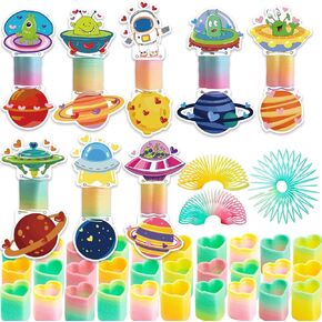 32 PACK Valentines Day Cards for Kids with Rainbow Springs, Stress Relief Coil Springs Toys 8 Designs Valentines Day Cards for Kids School Exchange Party Favors