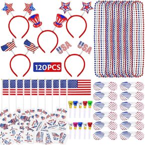 MOVINPE 172pcs 4th of July Accessories Patriotic Party Favors, Thunder Sticks Head Boppers Shutter Glasses Beaded Necklaces Flags Slap Bracelets Musical Blow Outs Tattoos Parades Giveaways