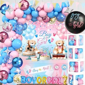 Bear Gendel Reveal Decorations Boy or Girl Gender Reveal Decorations Include Balloon Boxes Backdrop Balloon Arch Sash Mom and Dad to Be Pins Tablecloth for Bear Baby Shower Decor