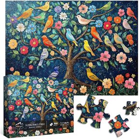 PICKFORU Mosaic Tree of Life Puzzles for Adults 1000 Pieces, Unique Bird Jigsaw Puzzles，Vintage Art Flower 1000 Piece Puzzle