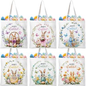 Photect 6 Pcs Easter Tote Bags 13.78 x 13.39 Inch Canvas Bunny Gifts Bags for Spring Happy Easter Party Supplies