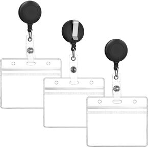 3 Pack Horizontal Name Tag with Retractable Badge Holders Clear Soft Plastic Badge Holders Badge ID Card Holders for Nurse Doctor Teacher Office (Horizontal)