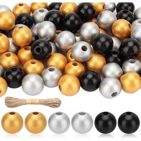 Lucleag 180Pcs Gold Silver Black Wooden Bead, Black Gold Silver Wooden Ornaments Wood Bead DIY Crafts with Hemp Rope for New Year Christmas Graduation Birthday Decoration Party Supplies