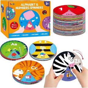 Alphabet Learning Toy, ABC Letters, Numbers, Animals Sight Words, Spinning Game 36 PCS Montessori Educational Round Cards for Toddlers, Kids 3-5