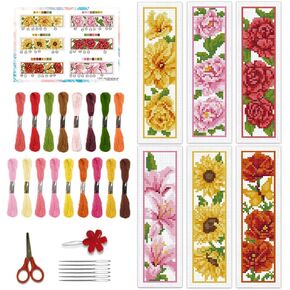 BEUNITONE 6 Set Flora Bookmark Cross Stitch Kits for Adults Beginners 6 Flowers Stitch Bookmark Cross Stitch Kits Cute Stamped Embroidery Bookmark with Instructions Small Punch Needle Kit 8''x2.4''
