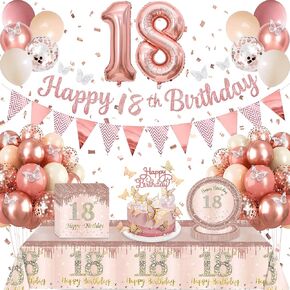 21st Birthday Decorations for Her Pink and Rose Gold, 21st Birthday Decorations for Girl, 21st Birthday Supplies Incl. 20 Plates 20 Napkins and 1 Tablecloth,Balloon,Banner,Cake Topper,3D Butterfly