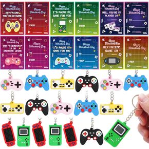 Erweicet Valentines Day Gift for Kids 30 PCS Video Game Keychains Game Controller Keyring with Valentine Gift Cards for Kids Boys Girls Game Theme Party Present Gift Exchange Classroom Rewards