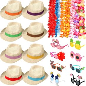 28 Pcs Hawaiian Tropical Flower Leis, Straw Hats, and Sunglasses Kit for Fancy Dress, Summer Pool Party Decor - Includes Luau-Style Hats and Sunglasses