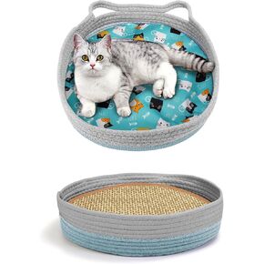 Round Cat Bed for Indoor Cats, Cat Basket Bed, Cat Donut Beds with Scratching Pad, Cat Nest for Cozy Sleeping, Washable Pet Pad for Cat Scratching