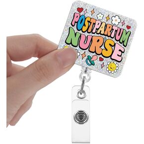 Postpartum Nurse Badge Reels Retractable Glitter with Clip, Funny Badge Holder Gift for Postpartum Mother Baby Nurse Pediatric Neonatal Maternity NICU OB L&D Nurse Obstetrics Gynecologist