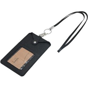 Boshiho Leather ID Card Badge Holder with Heavy Duty Lanyard Vertical Style Phone Holder for 4.7 inch 5.5 inch 6.1 inch Cellphone (Black with Keychain)
