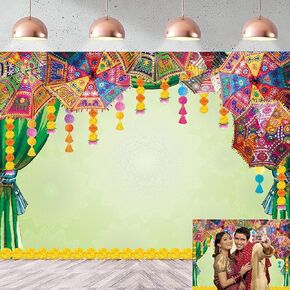 Indian Traditional Backdrop 7x5FT Purple Curtain Boho Flowers Umbrella Background for Wedding Birthday Bridal Shower Party Decoration Couples Trip Photo Booth Props