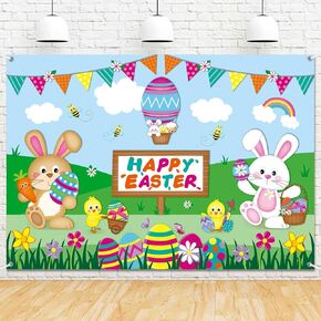 Happy Easter Banner Backdrop Easter Egg Bunny Backdrops for Photography Colorful Spring Rabbit Eggs Party Decorations Banner Birthday Background for Kids Indoor Outdoor 5x3ft