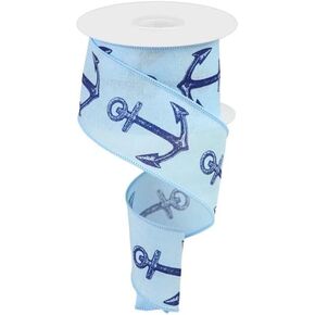Anchor Wired Edge Nautical Ribbon, Light Blue Navy 10" x 10 Yds (30 Ft)