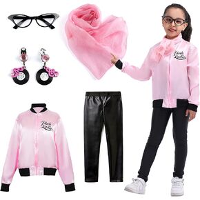 Kids 50s Costumes, Girls Decades Costumes, Girls 1950s Sock Hop Outfit, Pink Ladies Jacket Grease Costume for Girls