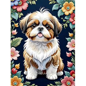 5D DIY Diamond Painting Floral Full Drill Kits for Adults Beginner Colorful Animals Diamond Art, Shih Tzu Round Diamond Painting Kits Perfect for Home Wall Decor Gifts 12x16inch