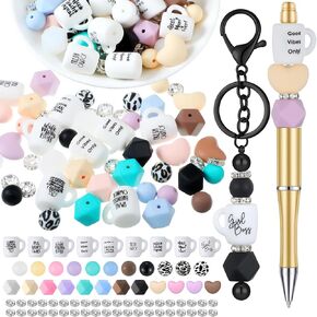 Hotop 100 Pcs Silicone Beads and Spacer Beads Set 60 Pcs Leopard Cow Print Polygonal Silicone Focal Beads Coffee Cup Mom Beads 40 Pcs Spacers for Jewelry Making DIY Necklace Bracelet Pens Craft