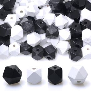 100pcs 16mm Geometric Wooden Beads, Gold and White Polygon Shape Wooden Spacer Beads for Craft Projects, 3mm Hole