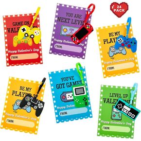 Valentines Day Cards Gifts for Kids Classroom, 24 Pack Video Game Keychains with School Exchange Cards for Boys Girls, Non Candy Valentine Class Party Favors Prizes Treats for Preschool Toddlers