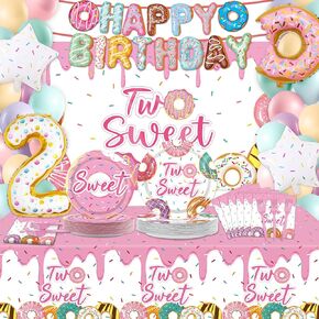 ZOiiWA 143Pcs Two Sweet Birthday Party Decorations Girls Donut tableware Set Sweet Donut 2nd Party Plates Napkins Backdrop Tablecloth Banner Balloons for Baby Girls 2 Years Old Birthday Party Supplies