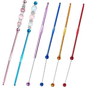 6 Pack DIY Beadable Crochet Hooks Knitting Needles Set Aluminum Handle for Focal Beads Colors (Blue Purple Red Orange Pink Light Blue, 5 mm)