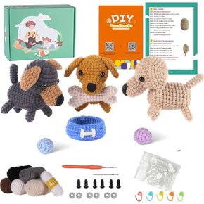 Finnacy Crochet Dog Kit, 3 pcs Dogs, 1 Rice Bowl, 1 Dog Bone and 2 Small Ball, Crochet Kit for Beginners, Crochet Starter Kit with Step-by-Step Video, Yarns, Hook and Accessories (Husky)