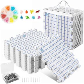 MEVOME Blocking Mats for Knitting 200 T-pins 100 Locking Stitch Markers, Extra Thick Block Boards Crochet Projects Grid Lines Needlepoint Knit Crocheting, 9 Foam Interlocking Mat Storage Bag (White)
