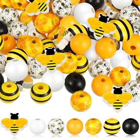 190 Pcs Bee Wood Beads for Crafts Yellow and Black Bee Honeycomb Wooden Beads 16 mm Colorful Polished Bee Craft Beads with 65.6 ft Rope for DIY Tiered Tray Garland Making Party Decor