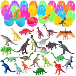 Prefilled Easter Eggs with Mini Dinosuar Figures for Kids, 24pcs Easter Basket Stuffers Easter Egg Hunt Filler Easter Classroom Prize Party Favor Supplies