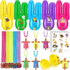 150 Pcs Religious Prefilled Easter Eggs Bulk with Cross Bead Necklaces and Sticker Fillable Inside Easter Basket Stuffers Jesus Easter Christian Gifts for Spring Eggs Hunt Game Party Favors