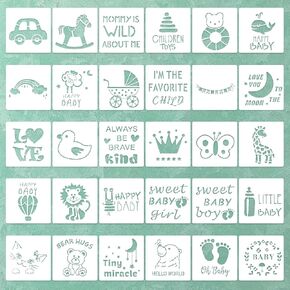 30Pcs Baby Shower Stencil Painting Kit - 5 Inch Plastic Drawing Stencils, Perfect for Onesie Bib Decorating & DIY Crafts, Reusable Mixed Phrase Template Small Animals Fabric Painting Bodysuit Shirts