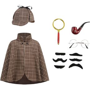 Detective Costume Kids,Sherlock Holmes Costume Set with Cape and Hat 6 Pcs Set Halloween Costumes Cosplay 3-12 Year